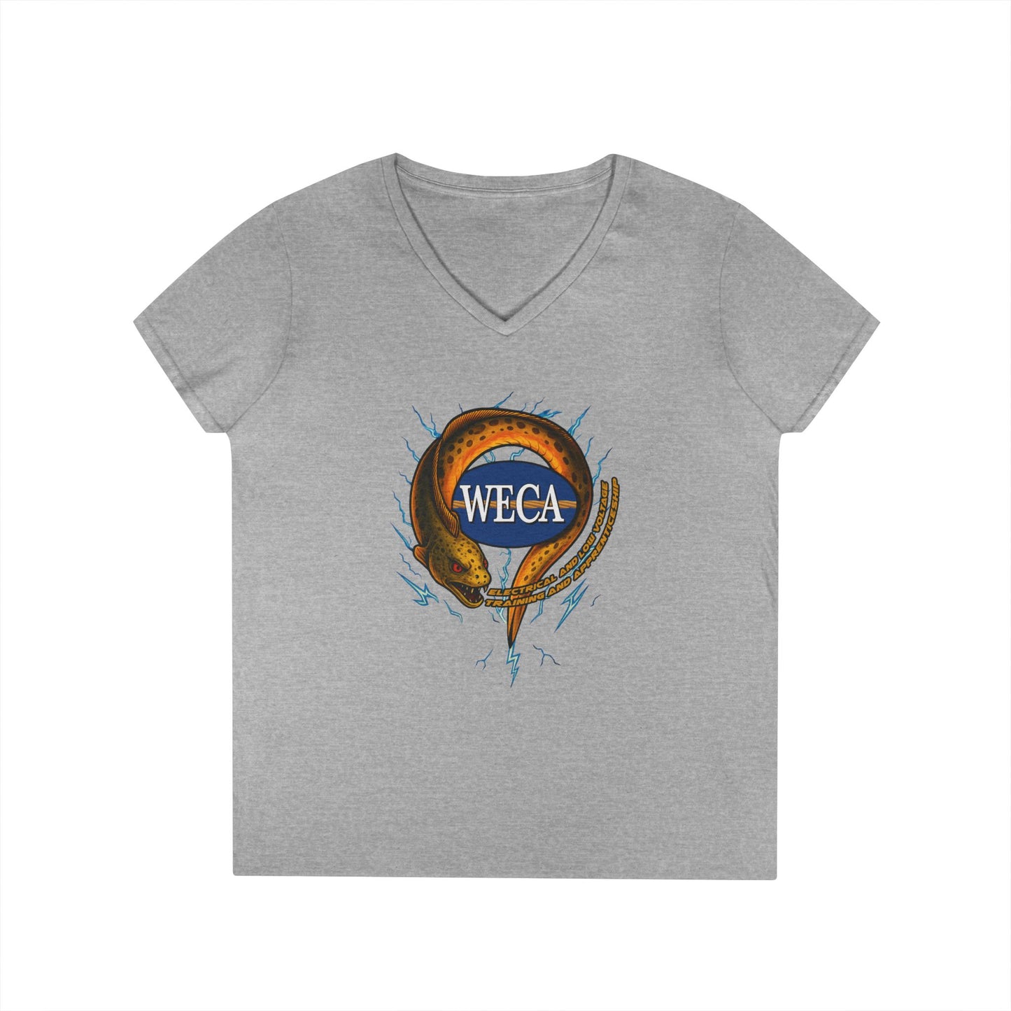 Ladies' Cut V-Neck T-Shirt with WECA Electric Eel Mascot Gold Design