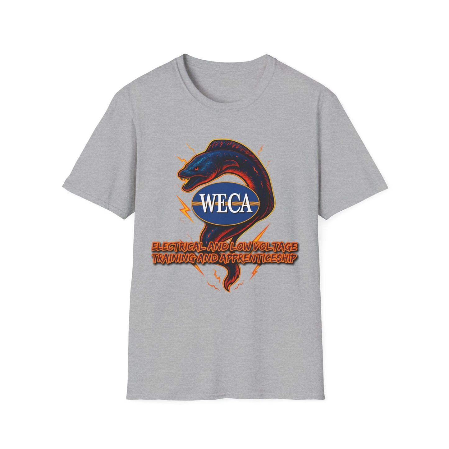 Unisex Softstyle T-Shirt with with WECA Electric Eel Mascot Blue Logo