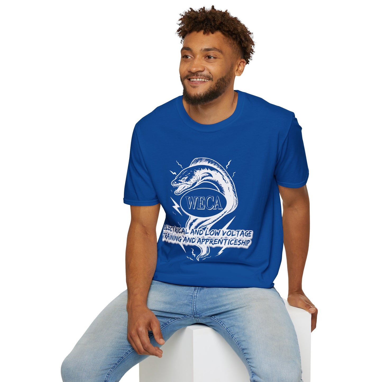 Unisex Softstyle T-Shirt with with WECA Electric Eel Mascot White Line Logo Design Two