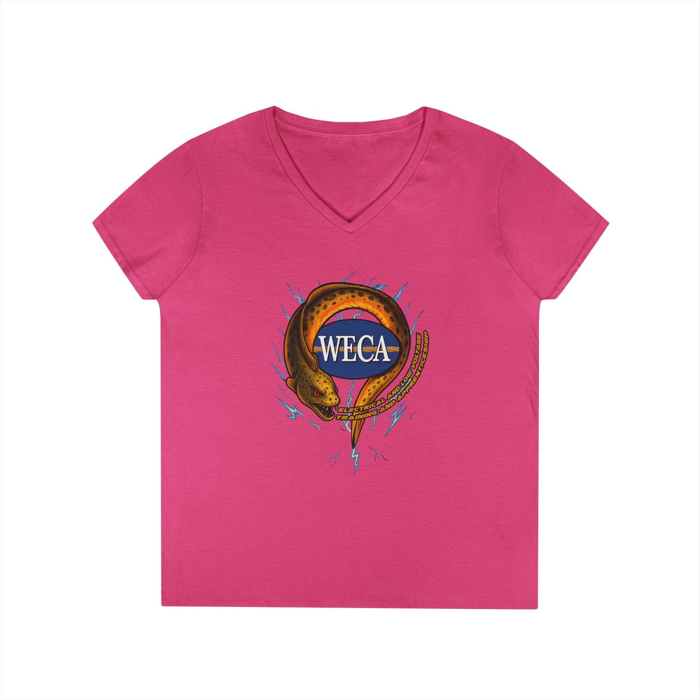 Ladies' Cut V-Neck T-Shirt with WECA Electric Eel Mascot Gold Design