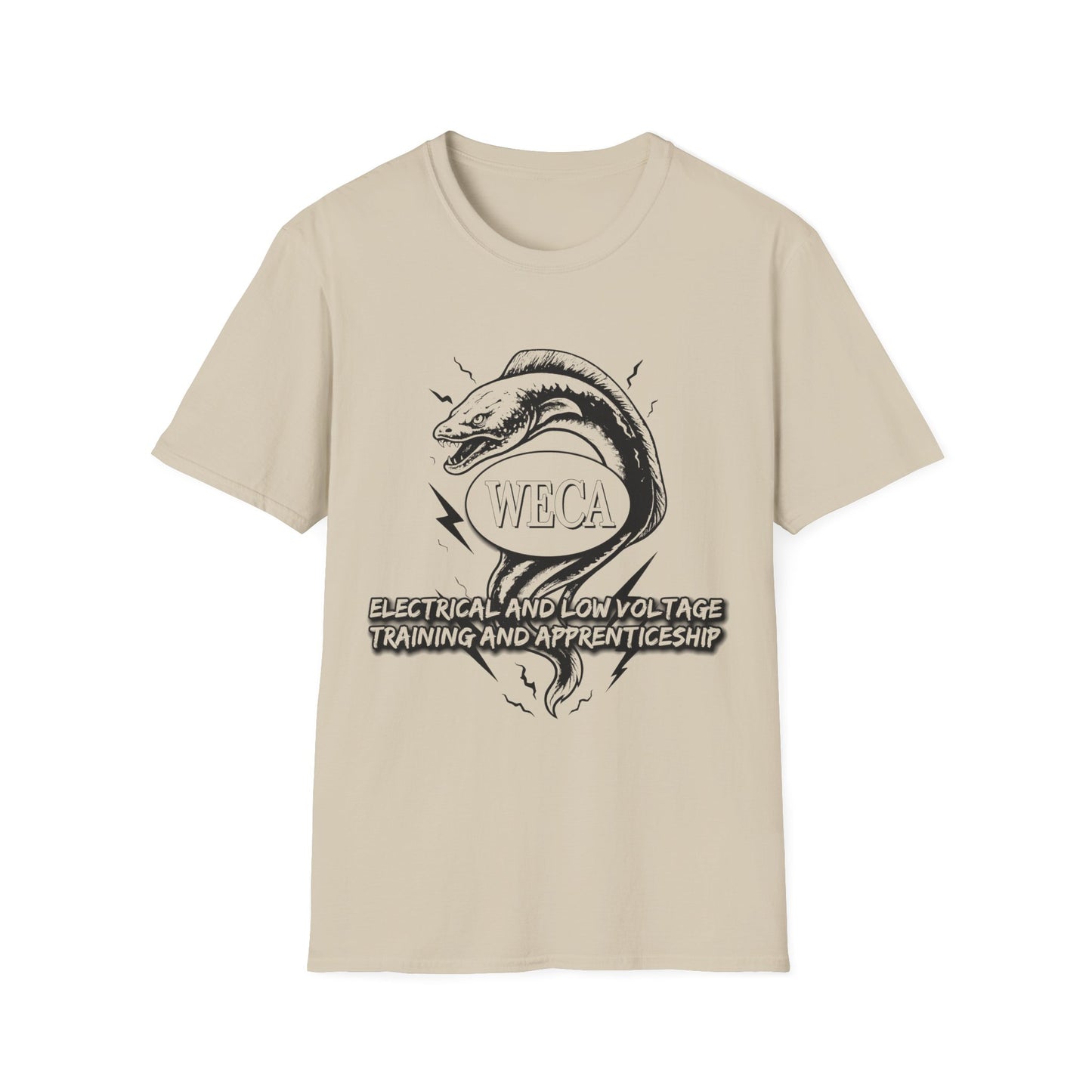 Unisex Softstyle T-Shirt with with WECA Wattson the Electric Eel Mascot Black Line Logo Design Two