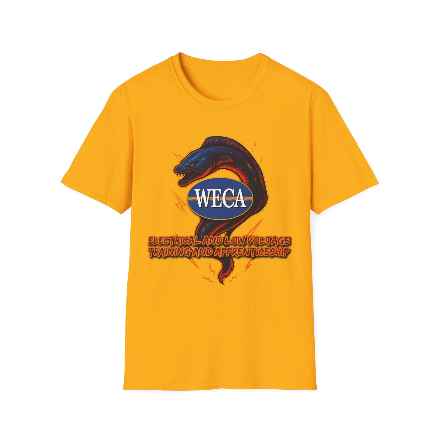 Unisex Softstyle T-Shirt with with WECA Electric Eel Mascot Blue Logo