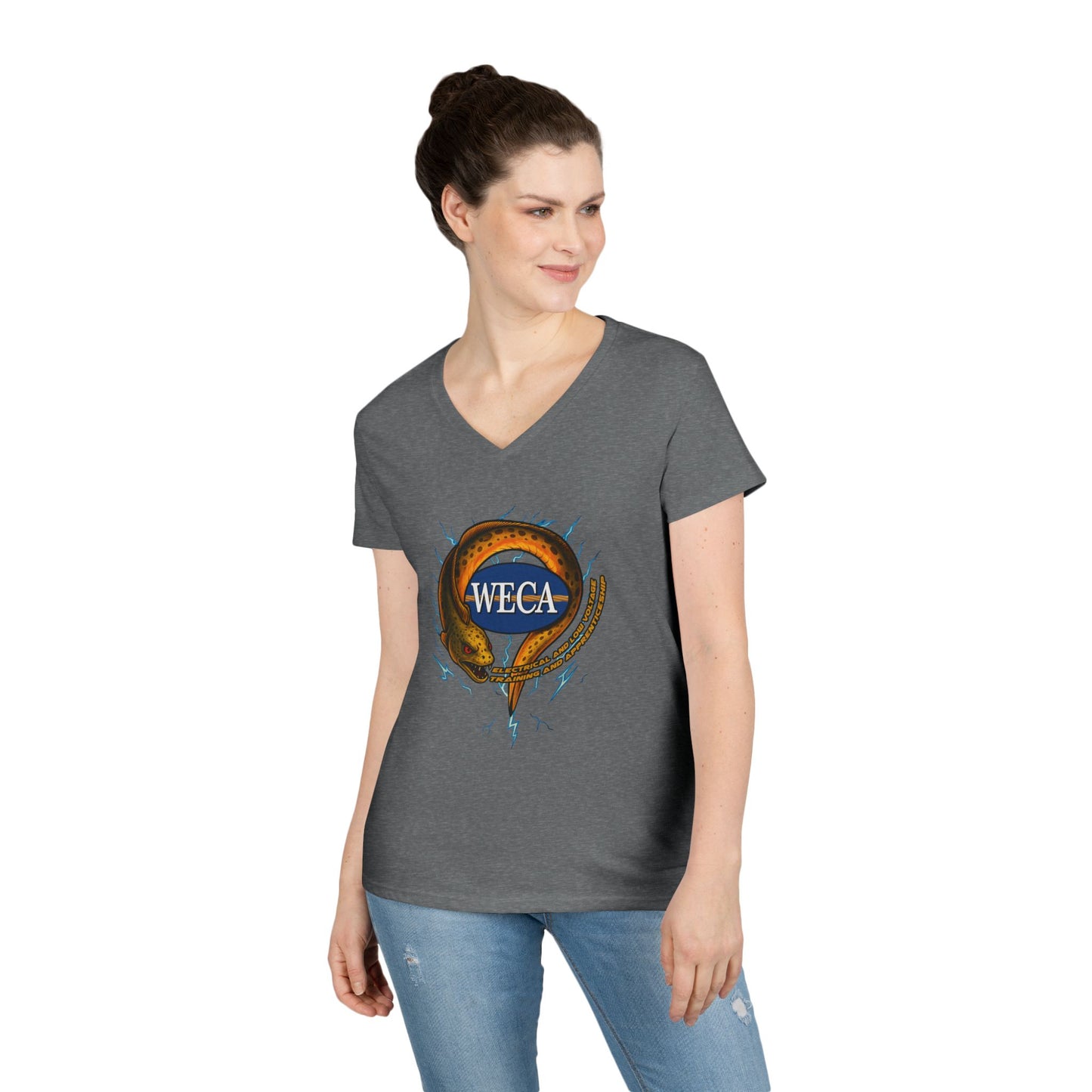 Ladies' Cut V-Neck T-Shirt with WECA Electric Eel Mascot Gold Design