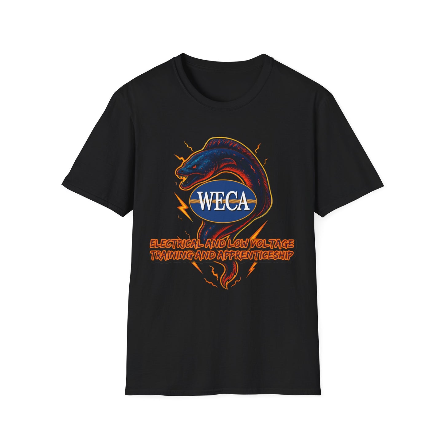 Unisex Softstyle T-Shirt with with WECA Electric Eel Mascot Blue Logo