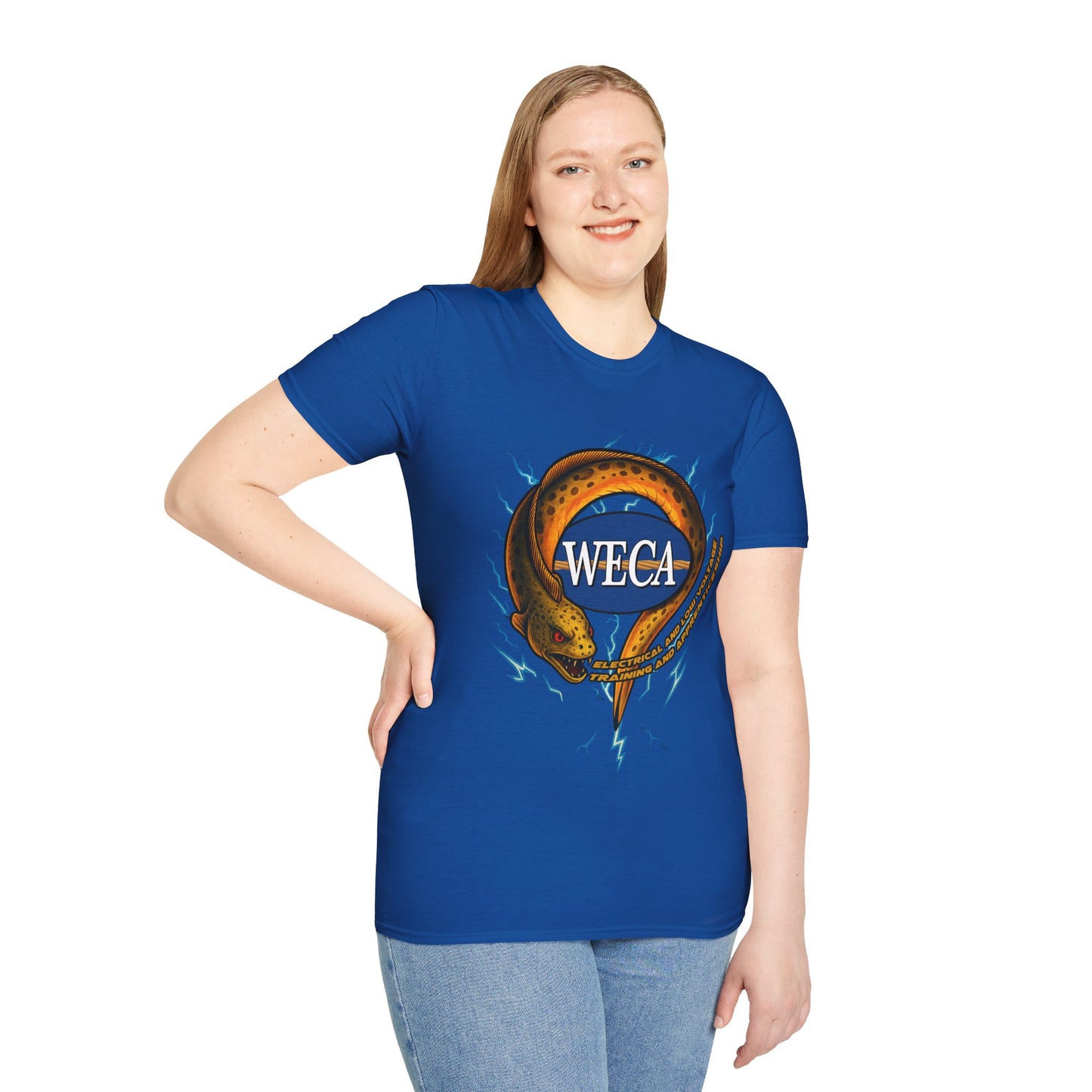 Unisex Softstyle T-Shirt with with WECA Electric Eel Mascot Gold Logo