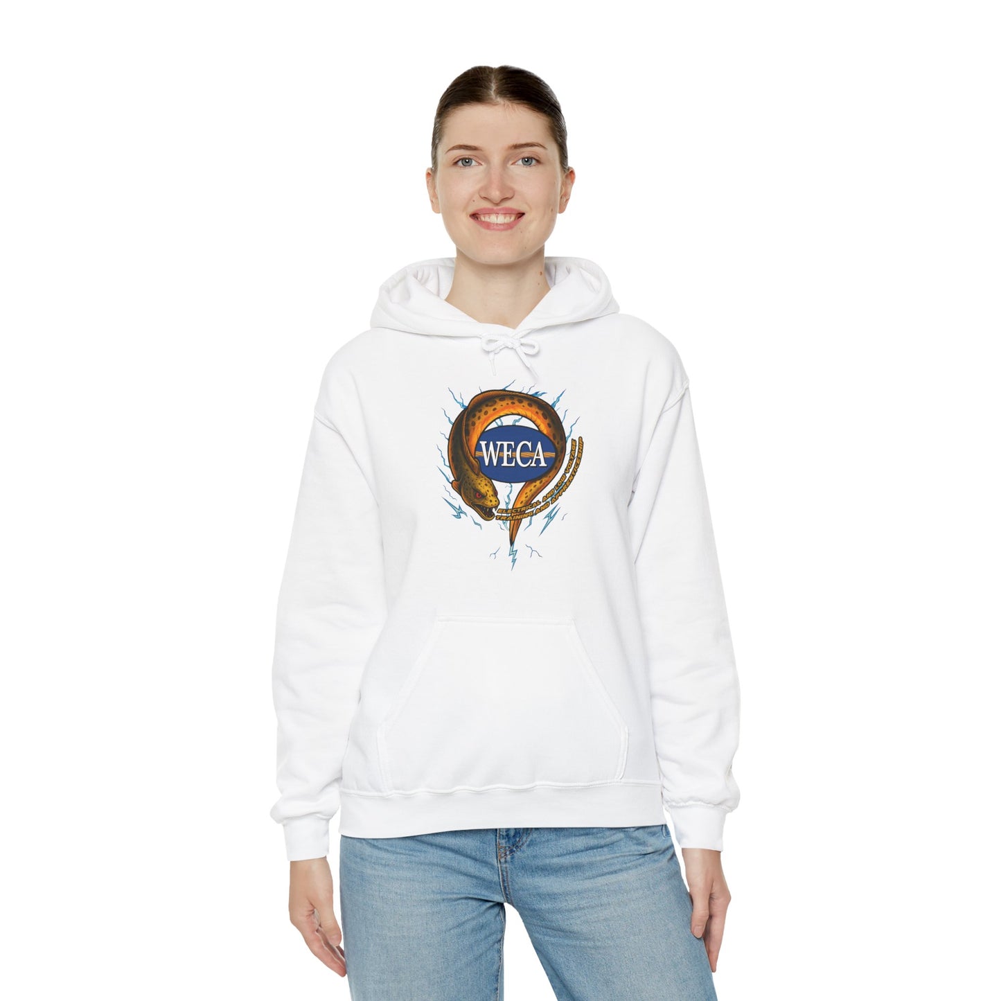 Unisex Heavy Blend™ Hooded Sweatshirt with WECA Electric Eel Mascot Gold Logo