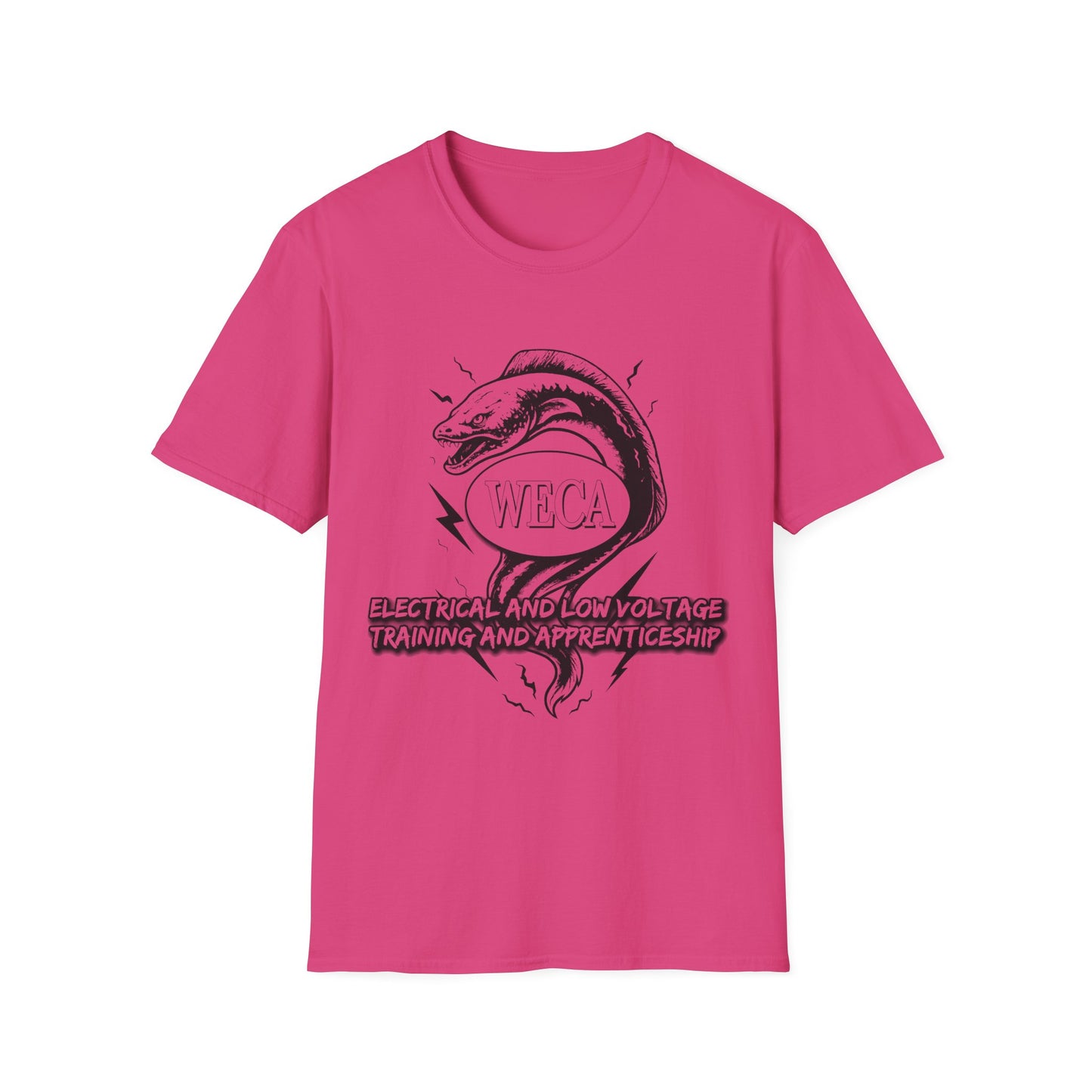 Unisex Softstyle T-Shirt with with WECA Wattson the Electric Eel Mascot Black Line Logo Design Two