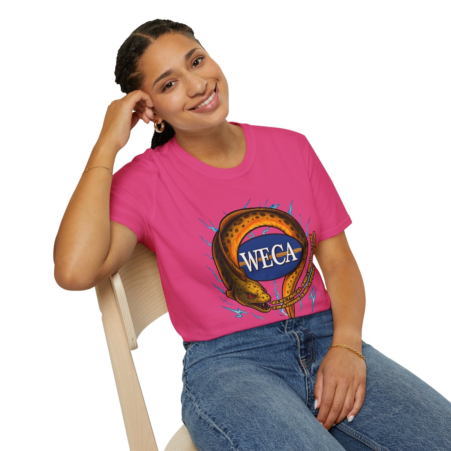 Unisex Softstyle T-Shirt with with WECA Electric Eel Mascot Gold Logo