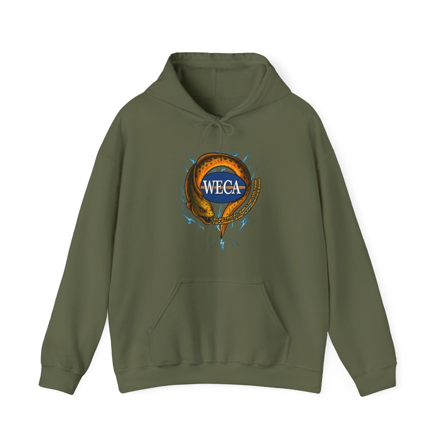 Unisex Heavy Blend™ Hooded Sweatshirt with WECA Electric Eel Mascot Gold Logo