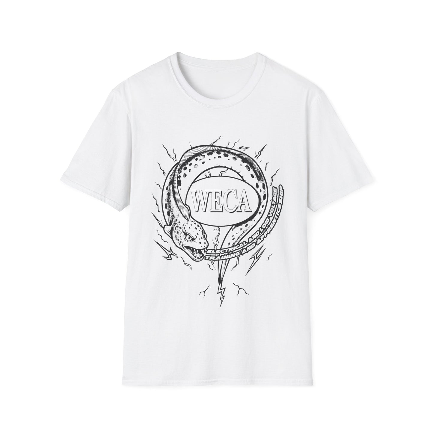 Unisex Softstyle T-Shirt with with WECA Electric Eel Mascot Black Line Logo