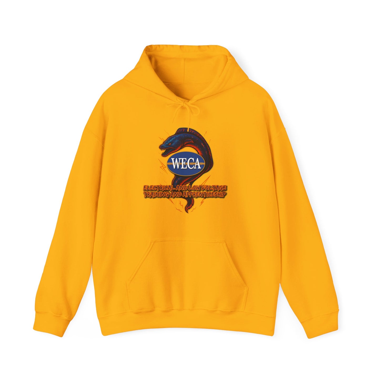 Unisex Heavy Blend™ Hooded Sweatshirt with WECA Electric Eel Blue Mascot Logo