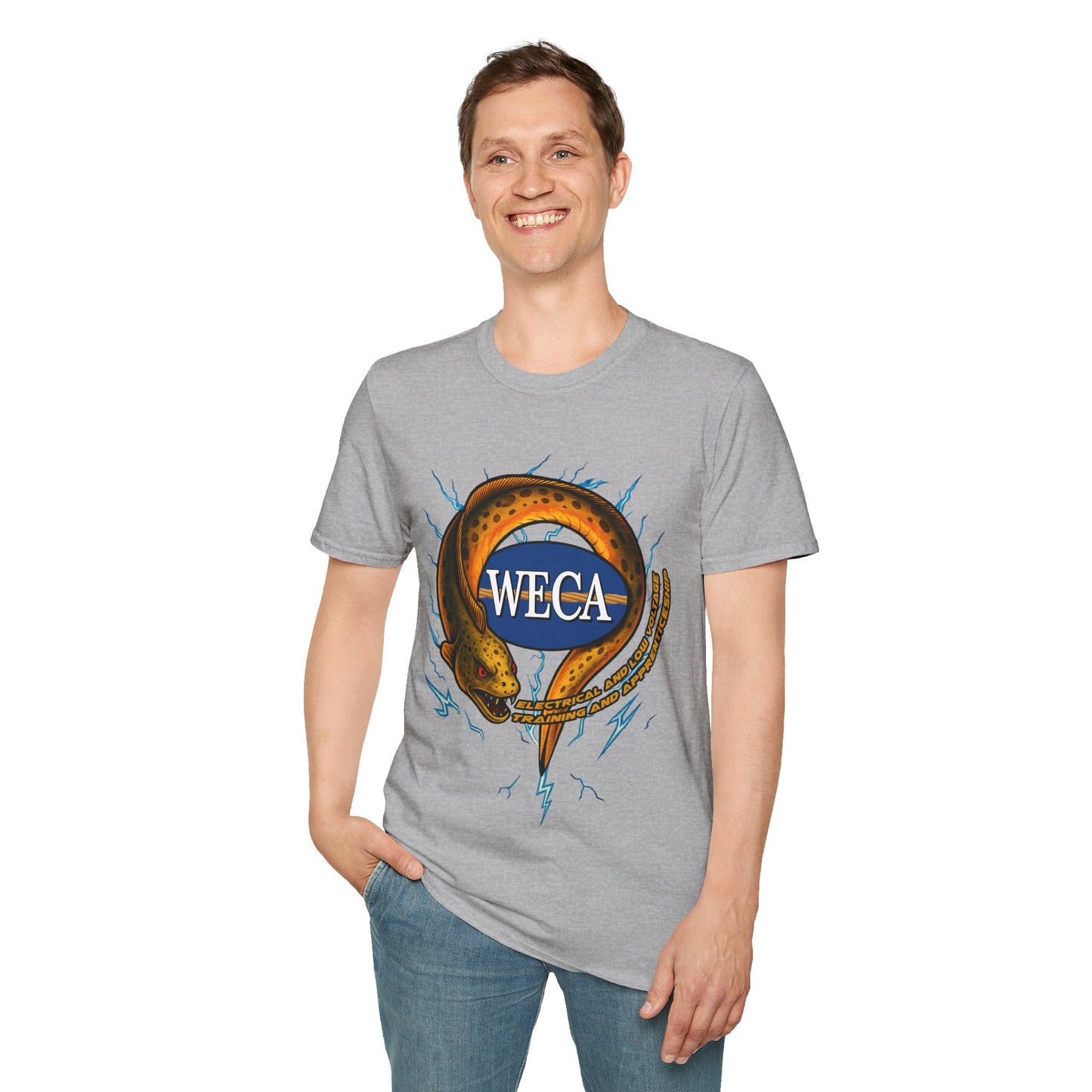 Unisex Softstyle T-Shirt with with WECA Electric Eel Mascot Gold Logo