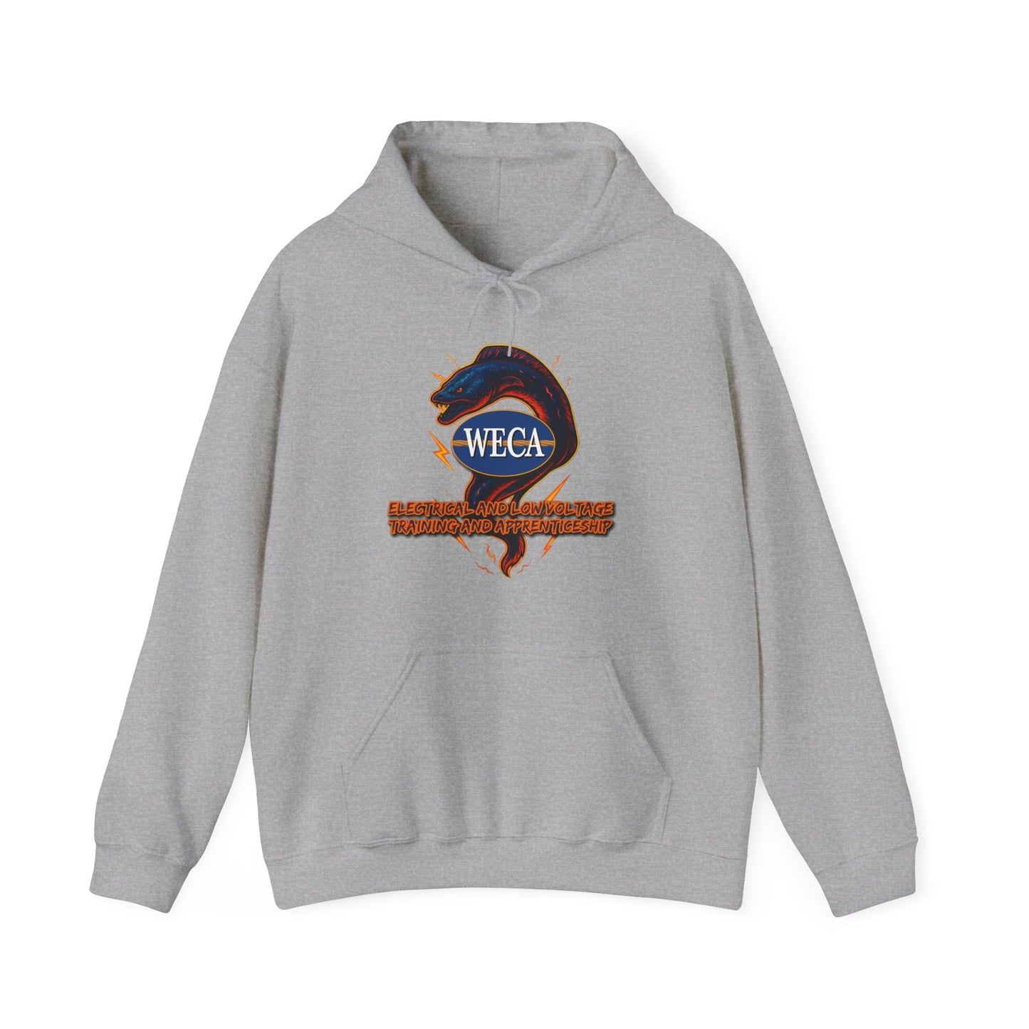 Unisex Heavy Blend™ Hooded Sweatshirt with WECA Electric Eel Blue Mascot Logo