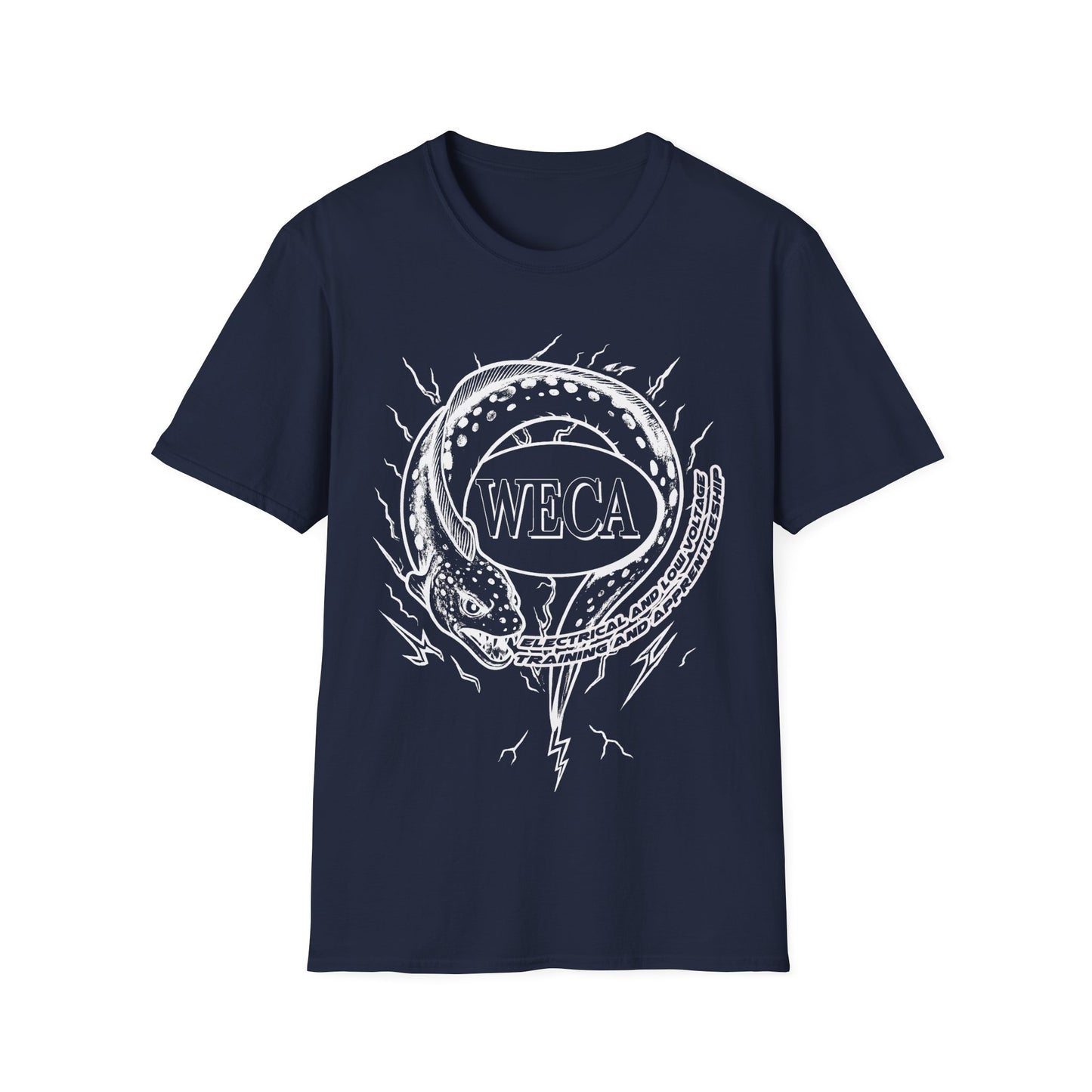 Unisex Softstyle T-Shirt with with WECA Electric Eel Mascot White Line Logo