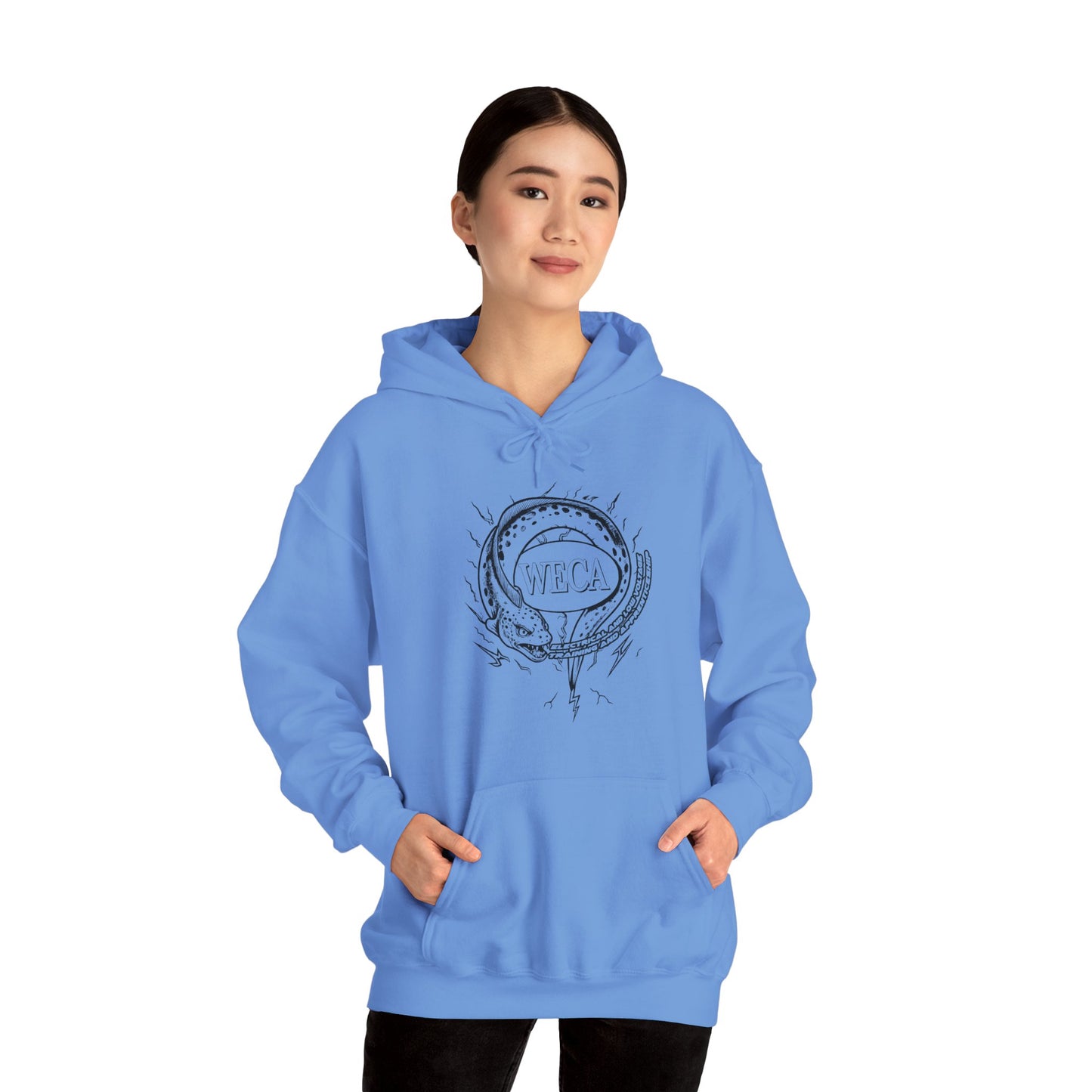 Unisex Heavy Blend™ Hooded Sweatshirt with WECA Electric Eel Mascot Black Line Logo Design
