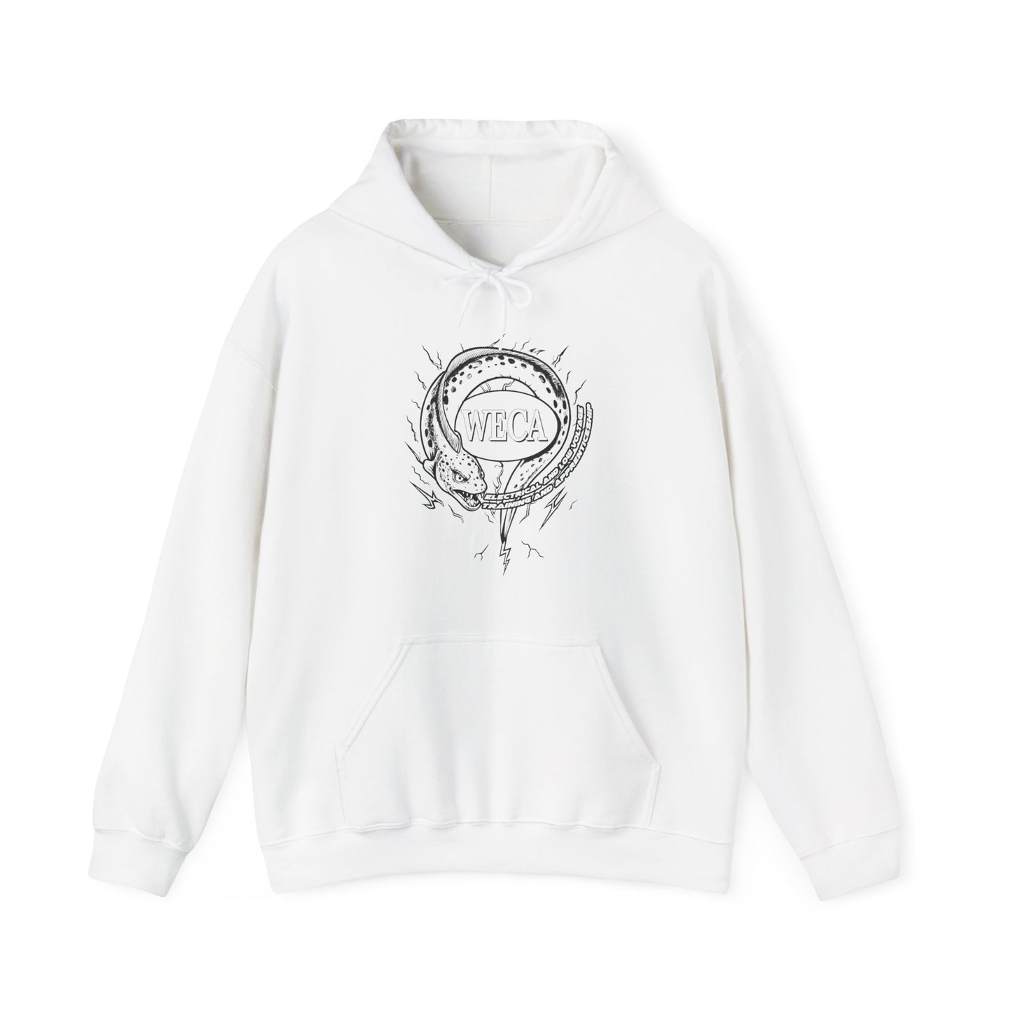 Unisex Heavy Blend™ Hooded Sweatshirt with WECA Electric Eel Mascot Black Line Logo Design