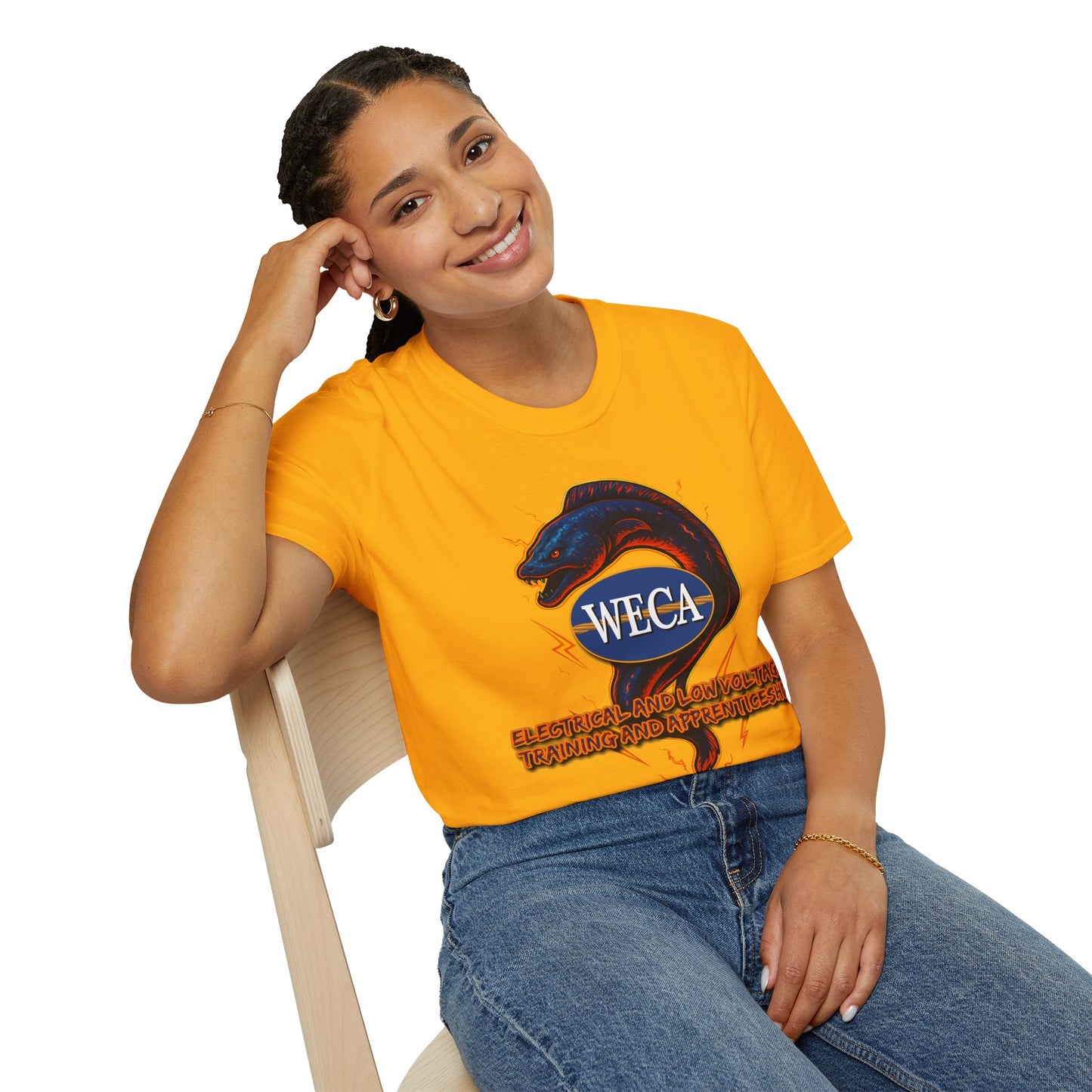 Unisex Softstyle T-Shirt with with WECA Electric Eel Mascot Blue Logo