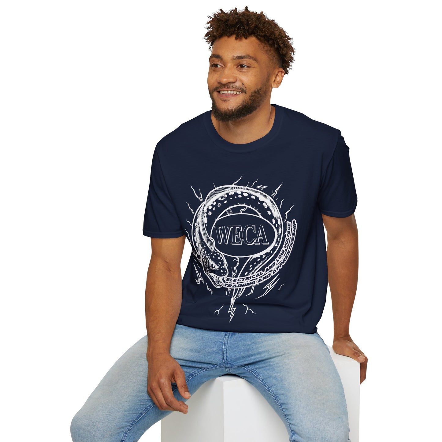 Unisex Softstyle T-Shirt with with WECA Electric Eel Mascot White Line Logo