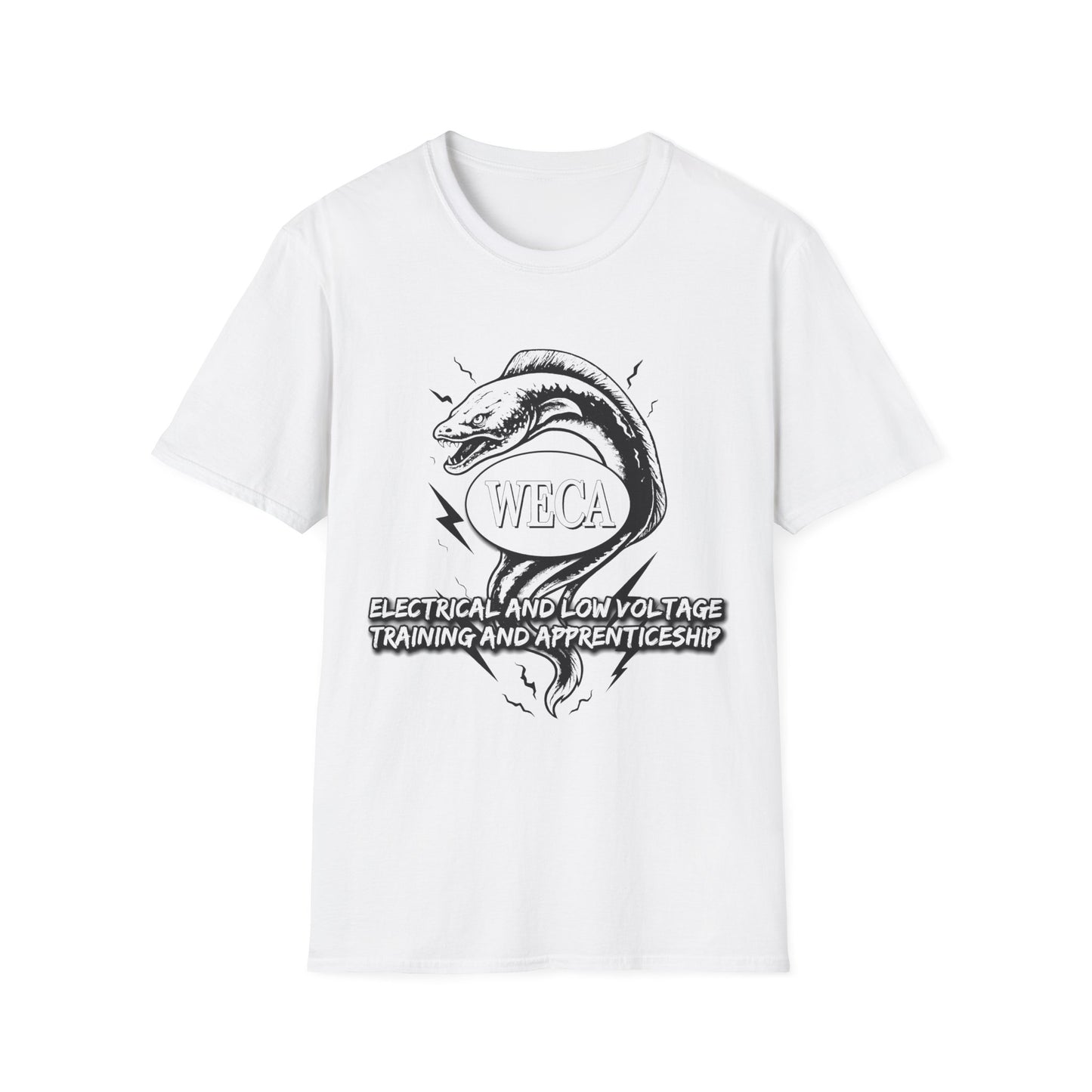 Unisex Softstyle T-Shirt with with WECA Wattson the Electric Eel Mascot Black Line Logo Design Two