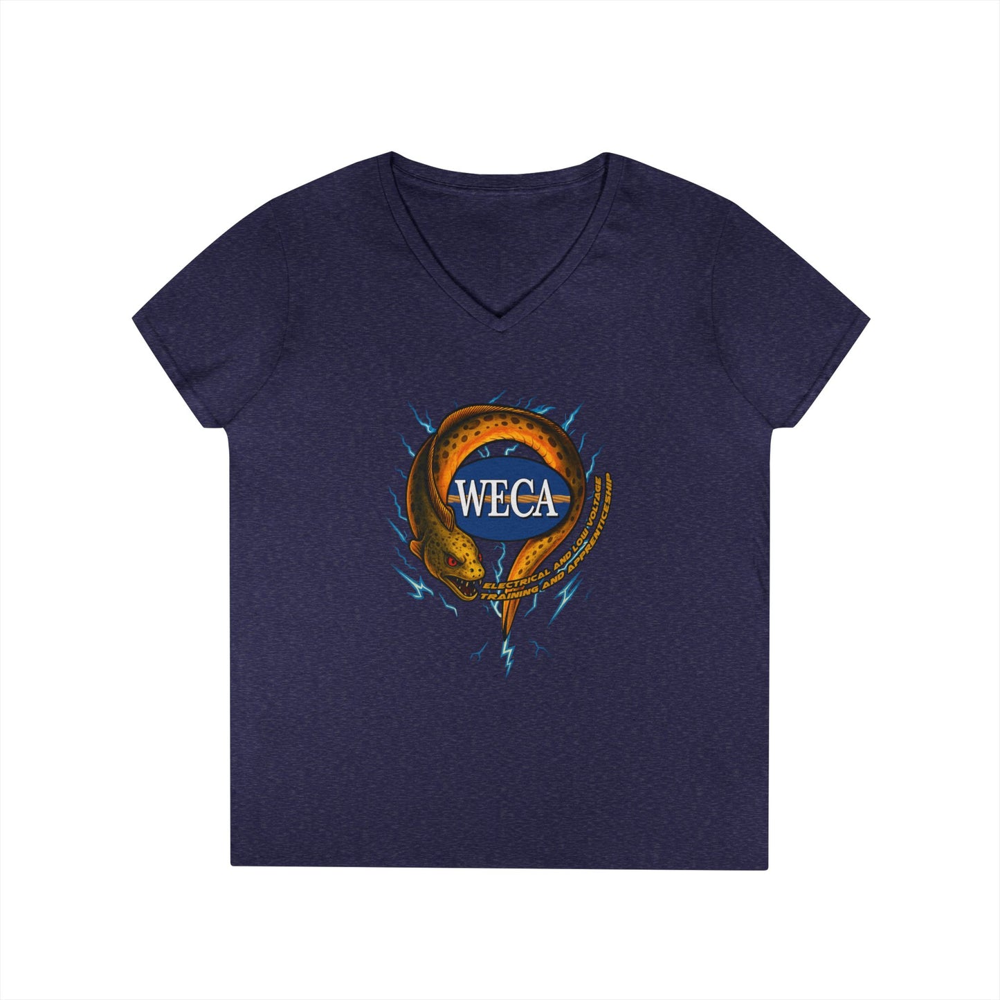 Ladies' Cut V-Neck T-Shirt with WECA Electric Eel Mascot Gold Design