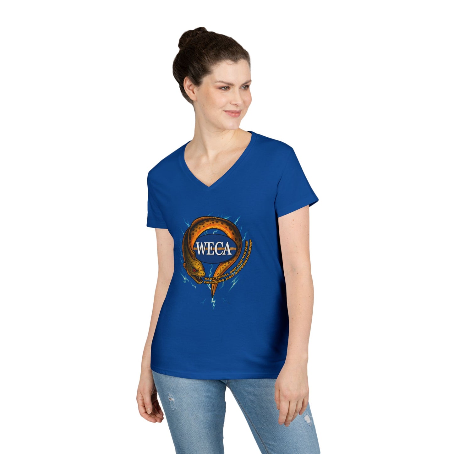 Ladies' Cut V-Neck T-Shirt with WECA Electric Eel Mascot Gold Design