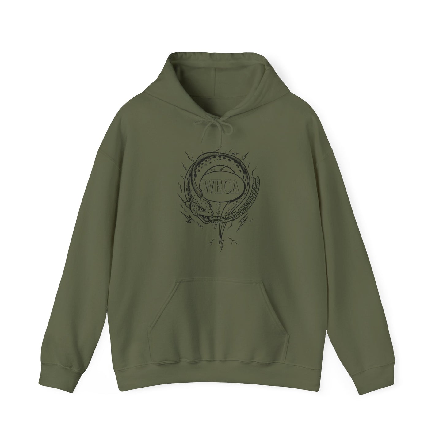 Unisex Heavy Blend™ Hooded Sweatshirt with WECA Electric Eel Mascot Black Line Logo Design