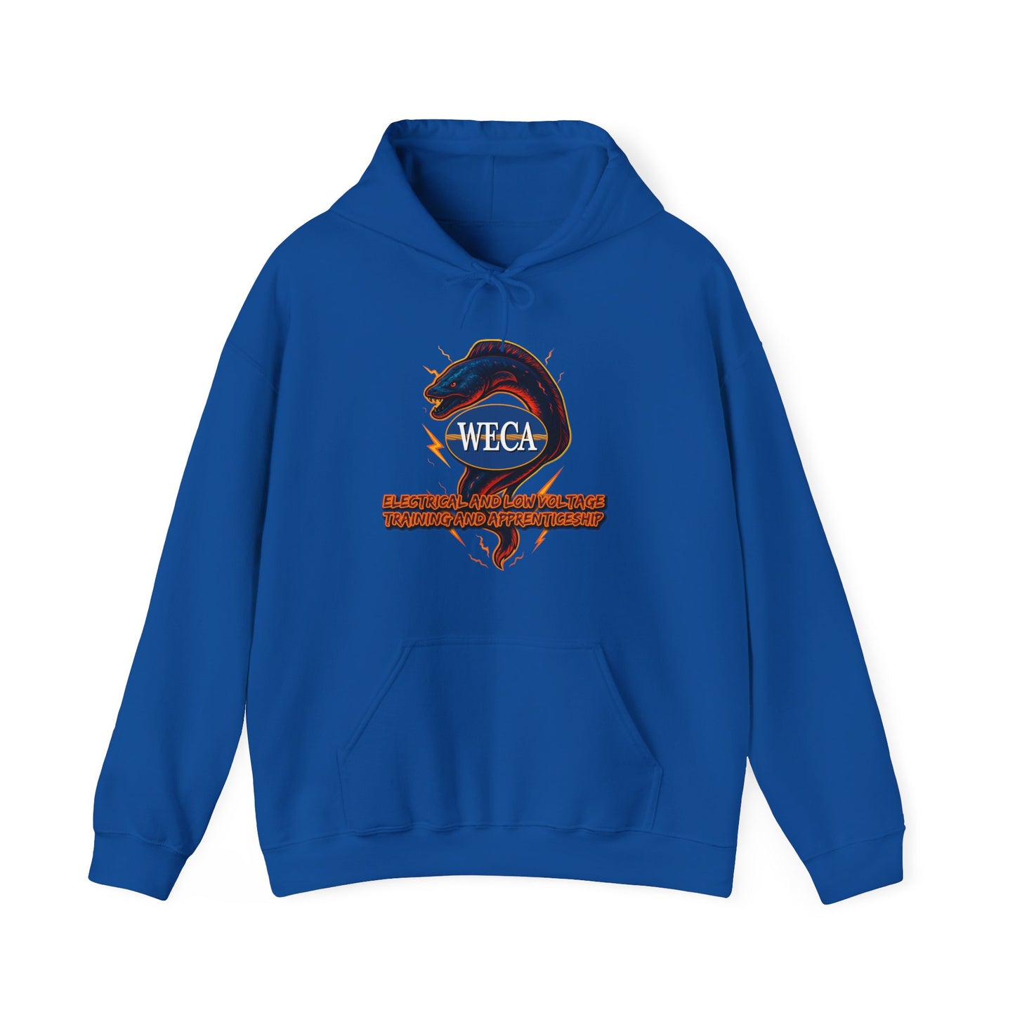 Unisex Heavy Blend™ Hooded Sweatshirt with WECA Electric Eel Blue Mascot Logo