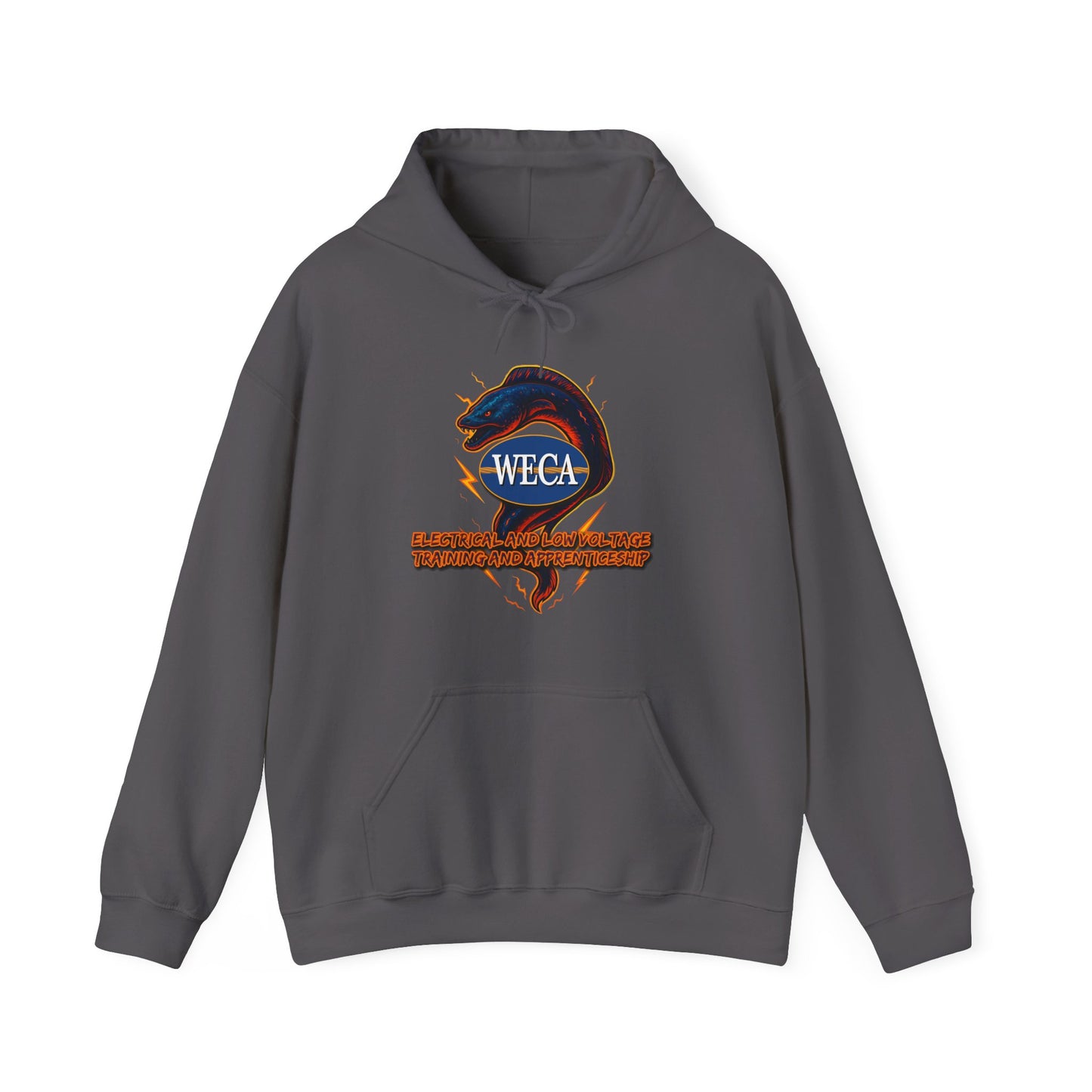 Unisex Heavy Blend™ Hooded Sweatshirt with WECA Electric Eel Blue Mascot Logo