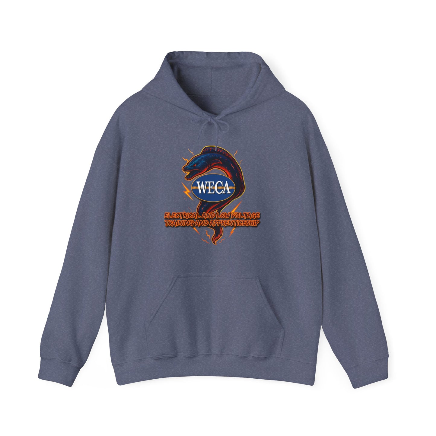 Unisex Heavy Blend™ Hooded Sweatshirt with WECA Electric Eel Blue Mascot Logo