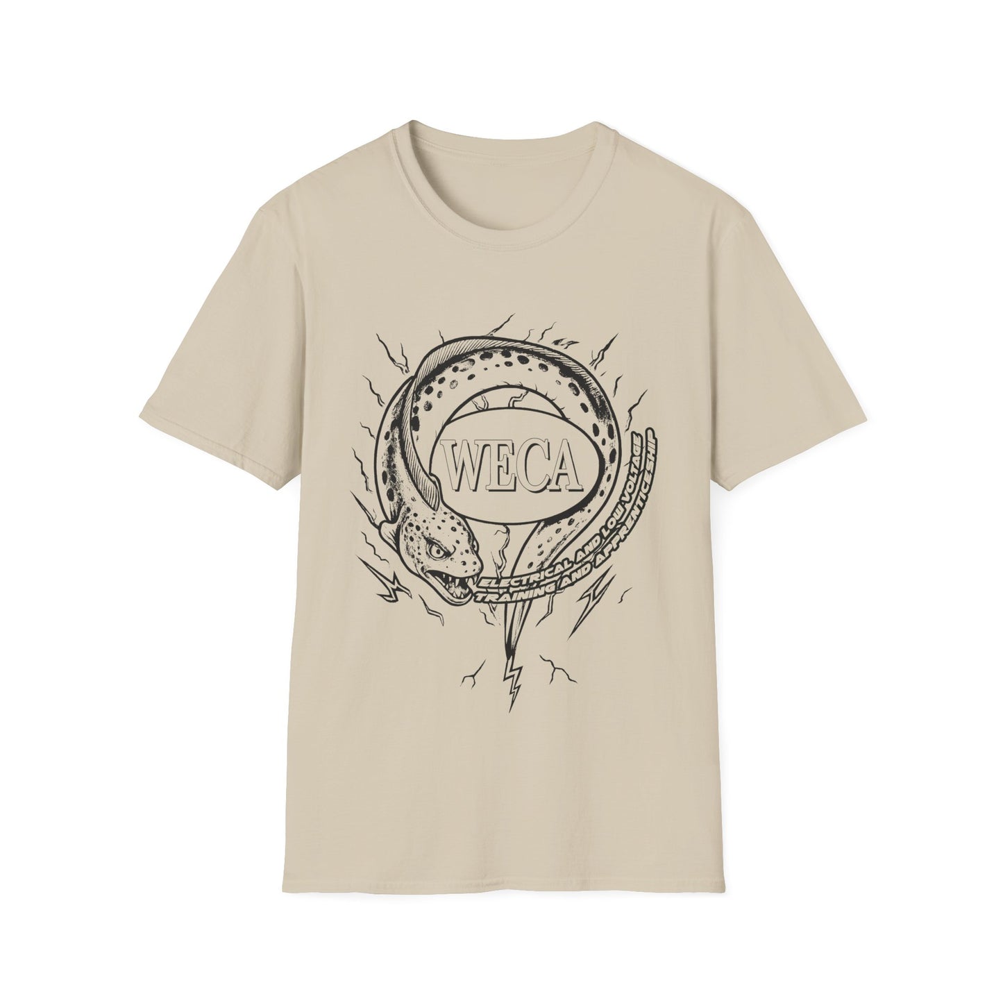 Unisex Softstyle T-Shirt with with WECA Electric Eel Mascot Black Line Logo