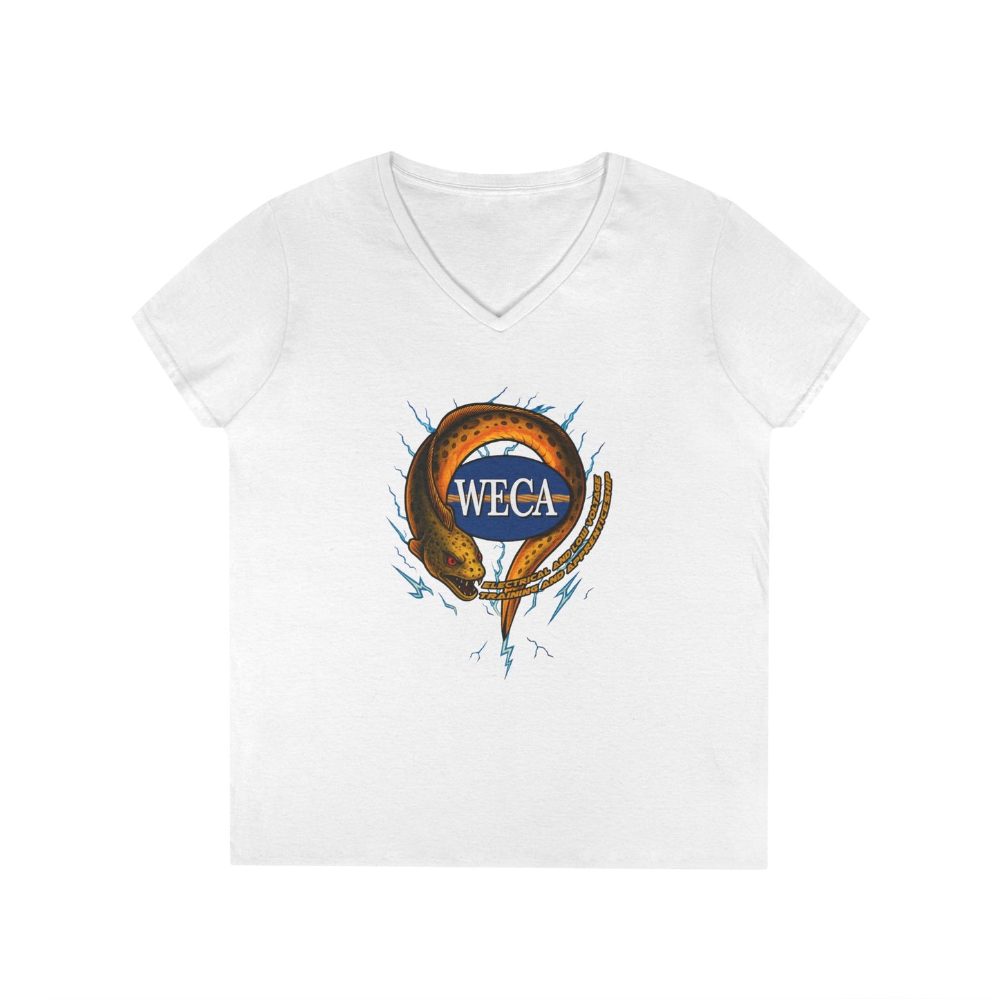 Ladies' Cut V-Neck T-Shirt with WECA Electric Eel Mascot Gold Design