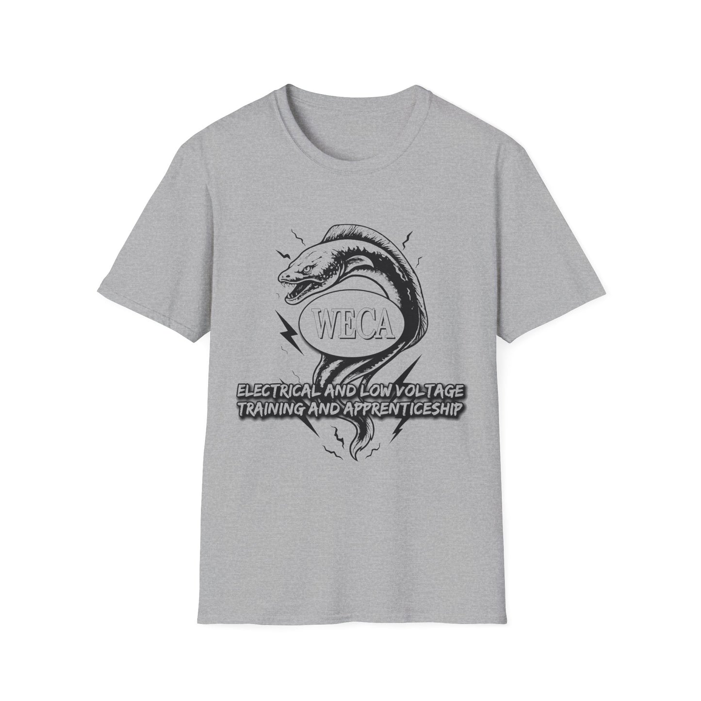 Unisex Softstyle T-Shirt with with WECA Wattson the Electric Eel Mascot Black Line Logo Design Two