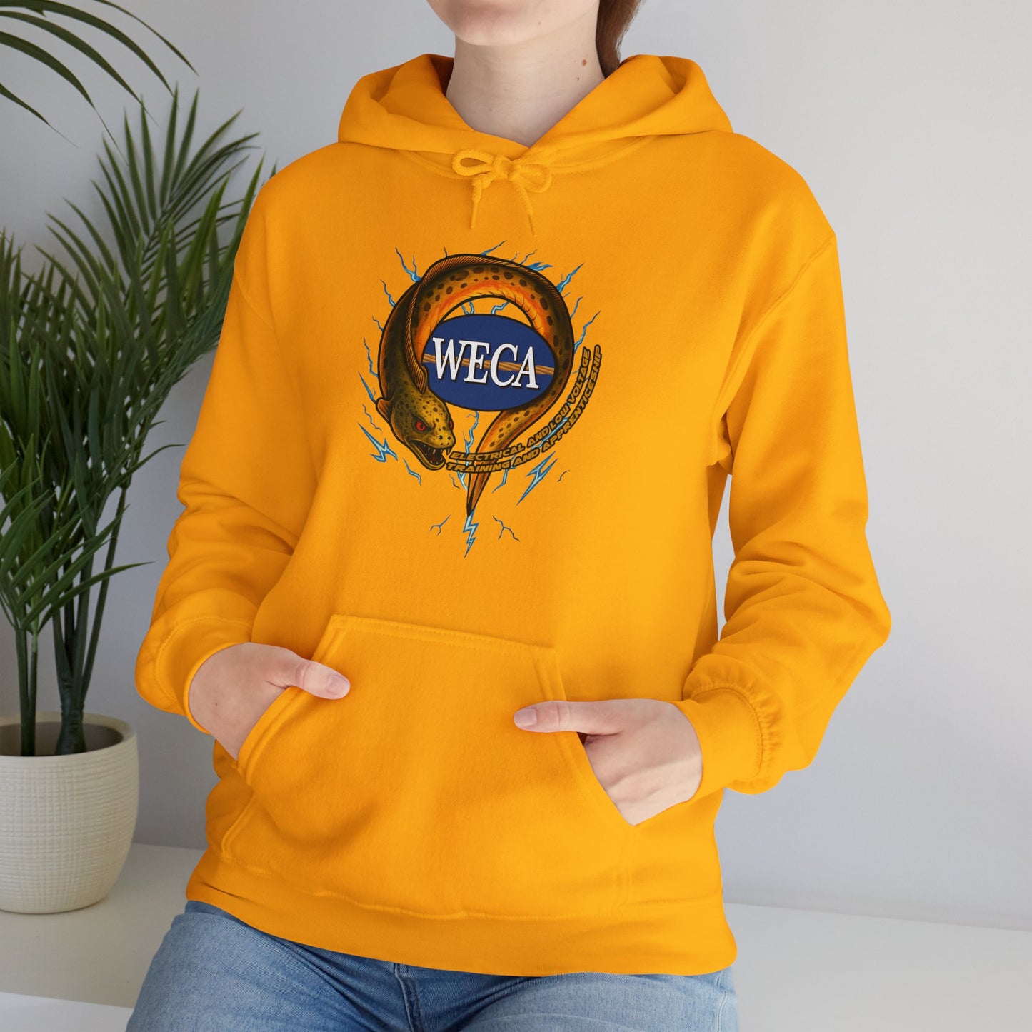 Unisex Heavy Blend™ Hooded Sweatshirt with WECA Electric Eel Mascot Gold Logo
