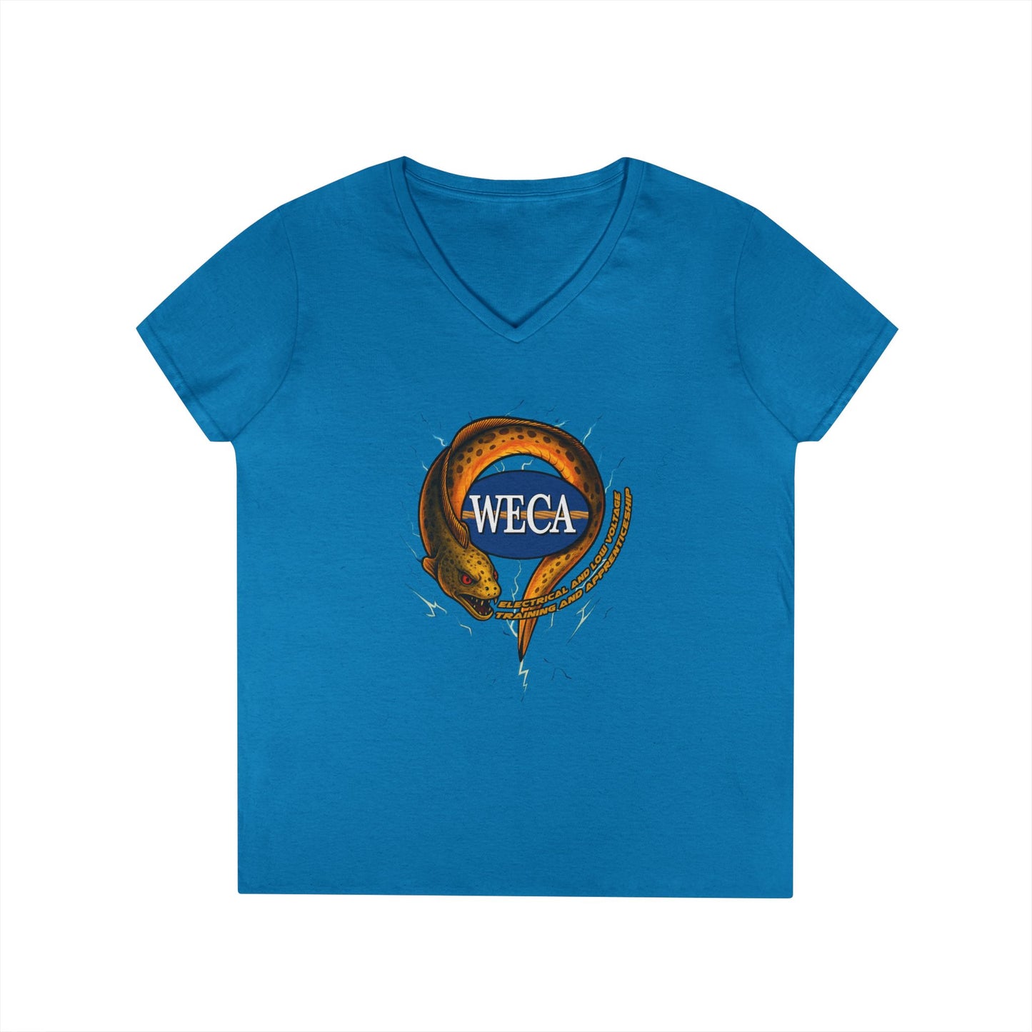 Ladies' Cut V-Neck T-Shirt with WECA Electric Eel Mascot Gold Design