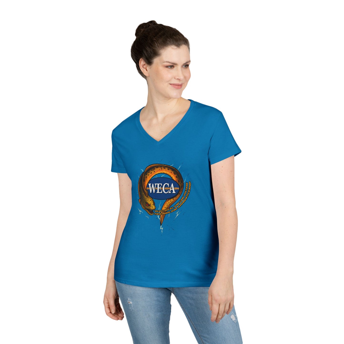 Ladies' Cut V-Neck T-Shirt with WECA Electric Eel Mascot Gold Design