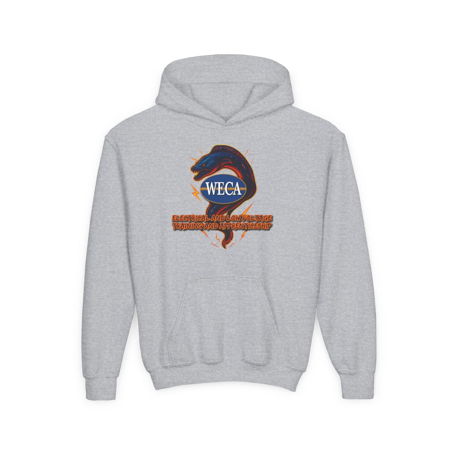YOUTH Heavy Blend Hooded Sweatshirt with WECA Electric Eel Blue Design