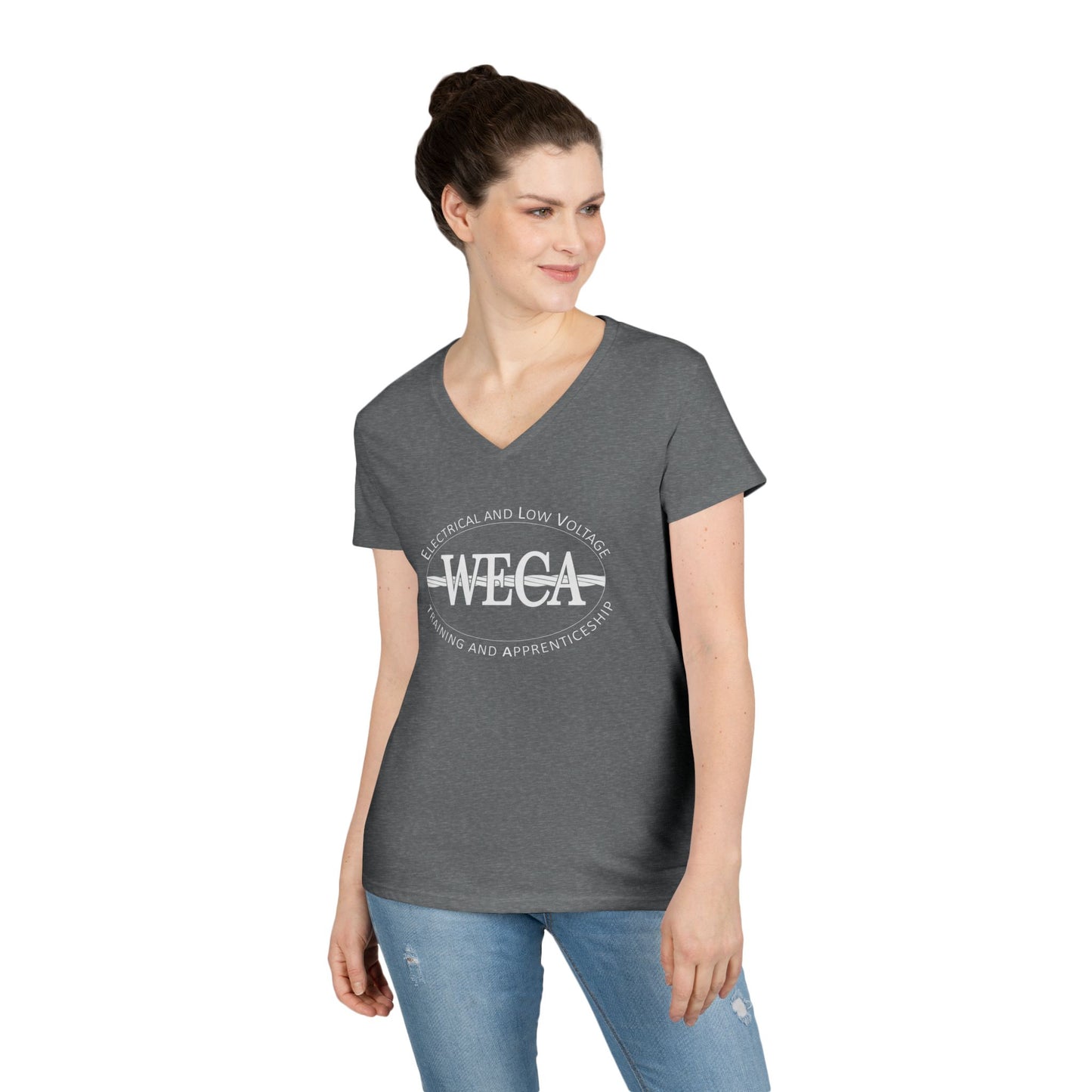 WECA Ladies' Cut V-Neck T-Shirt with our Classic Logo in White