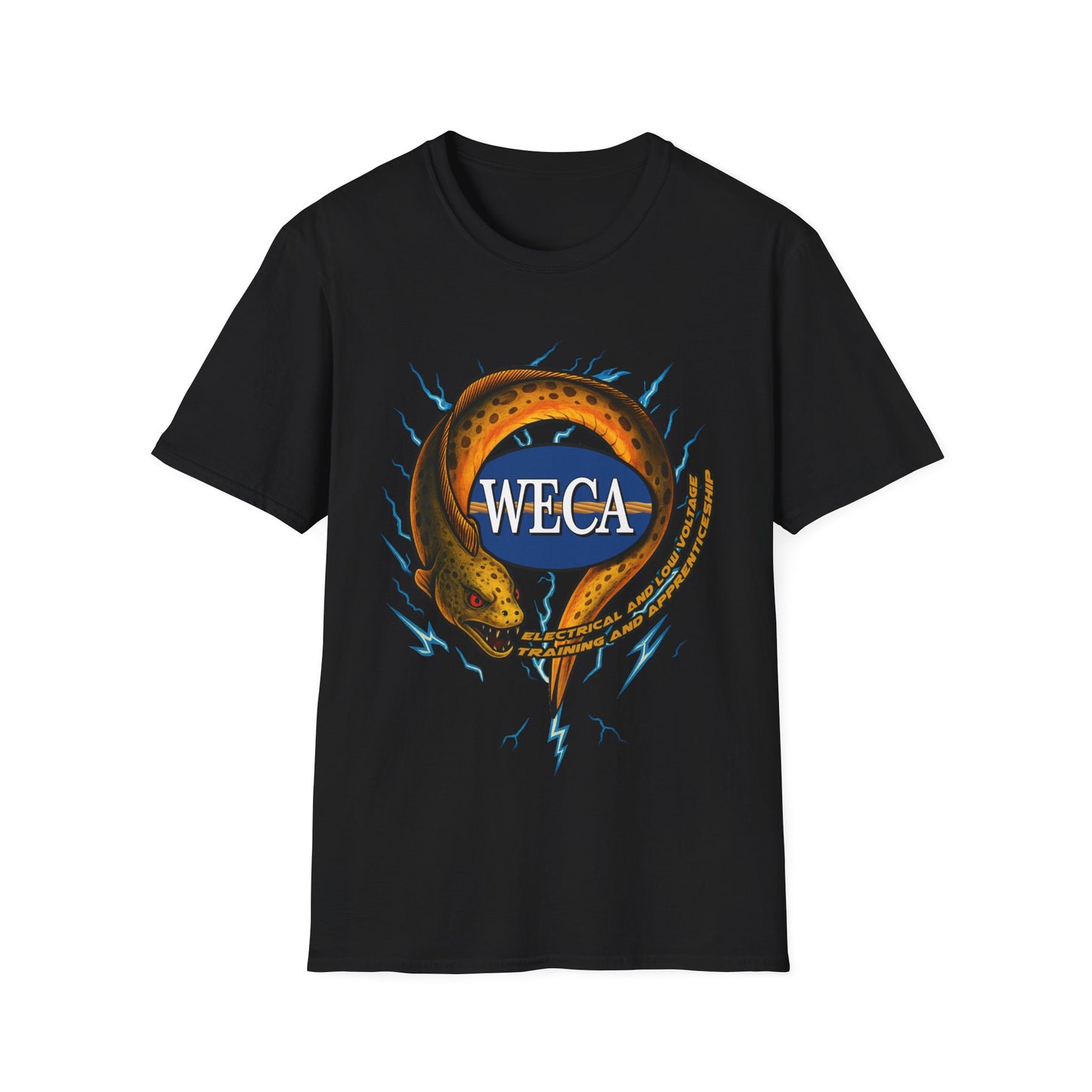 Unisex Softstyle T-Shirt with with WECA Electric Eel Mascot Gold Logo