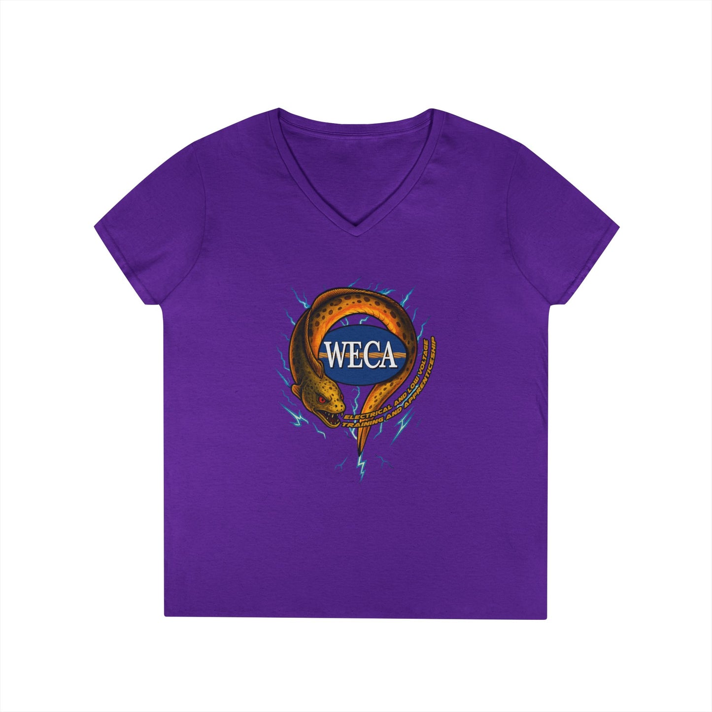 Ladies' Cut V-Neck T-Shirt with WECA Electric Eel Mascot Gold Design