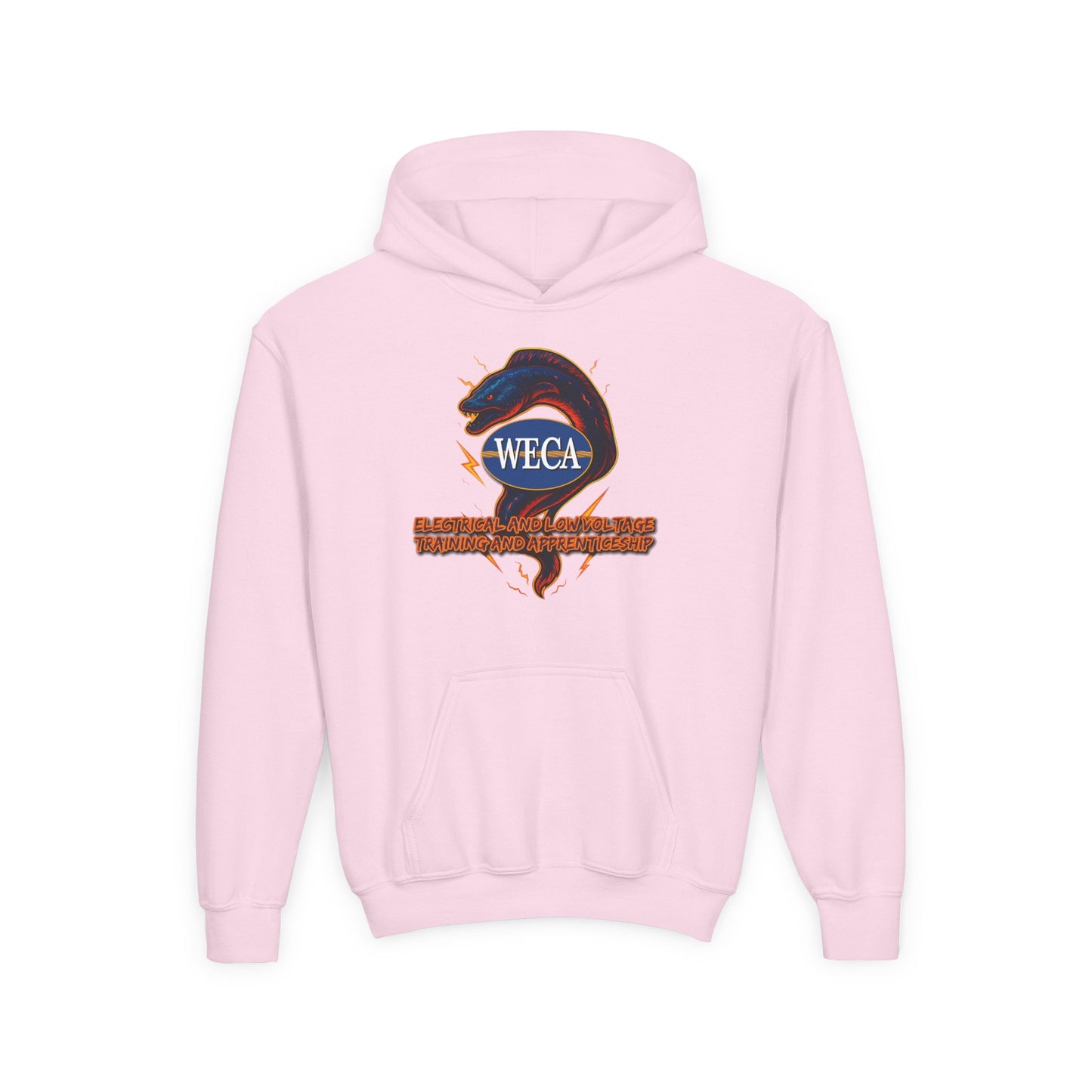 YOUTH Heavy Blend Hooded Sweatshirt with WECA Electric Eel Blue Design