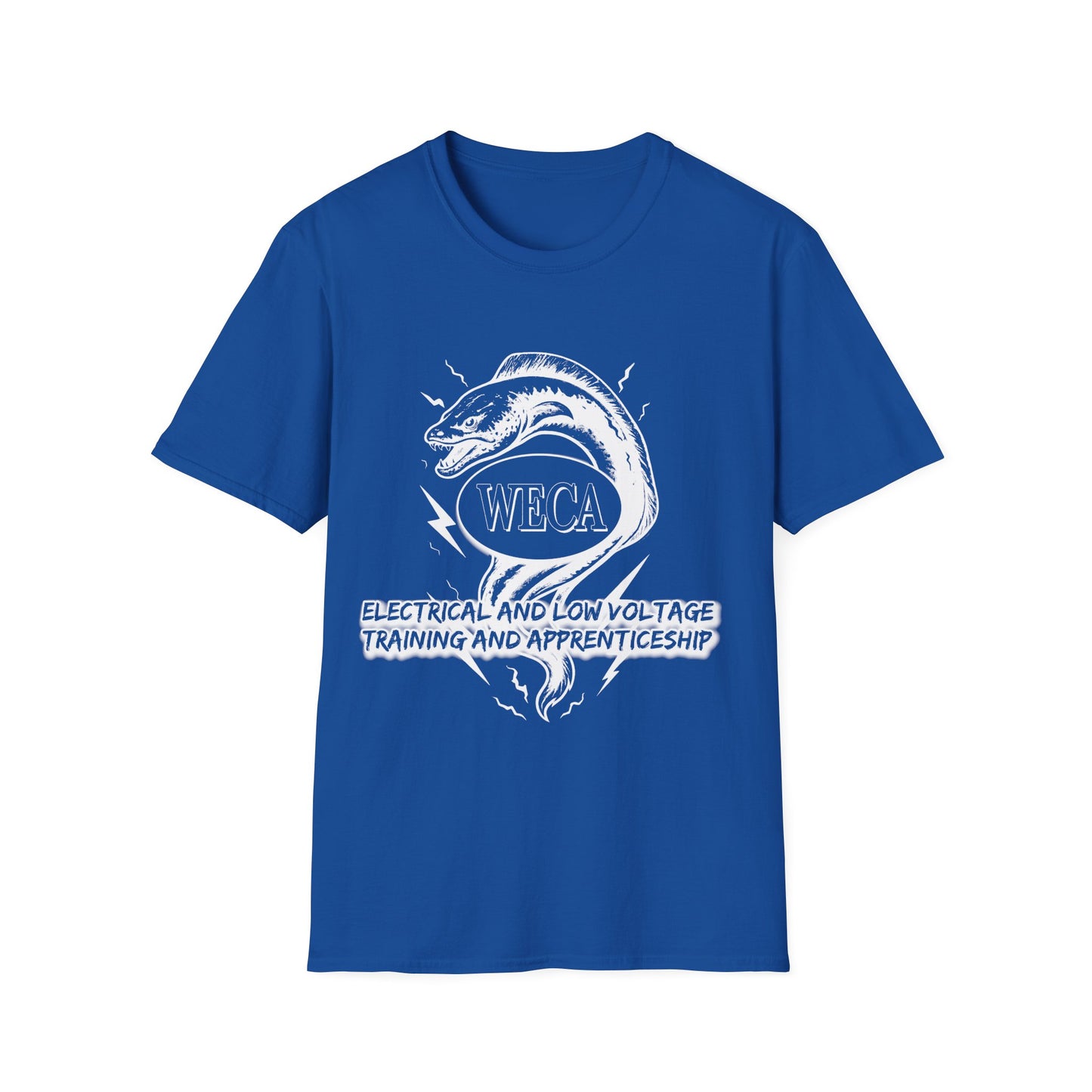 Unisex Softstyle T-Shirt with with WECA Electric Eel Mascot White Line Logo Design Two