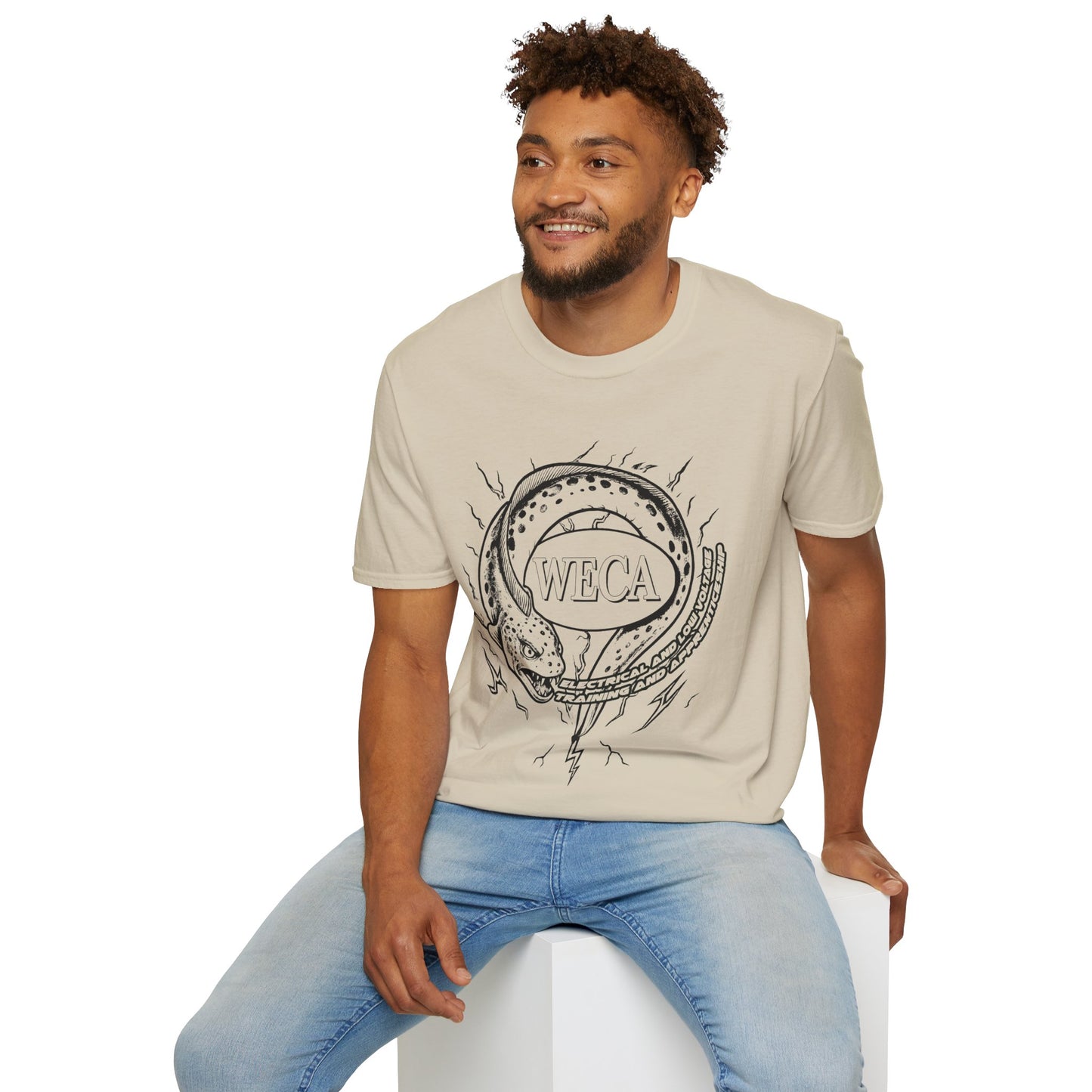 Unisex Softstyle T-Shirt with with WECA Electric Eel Mascot Black Line Logo