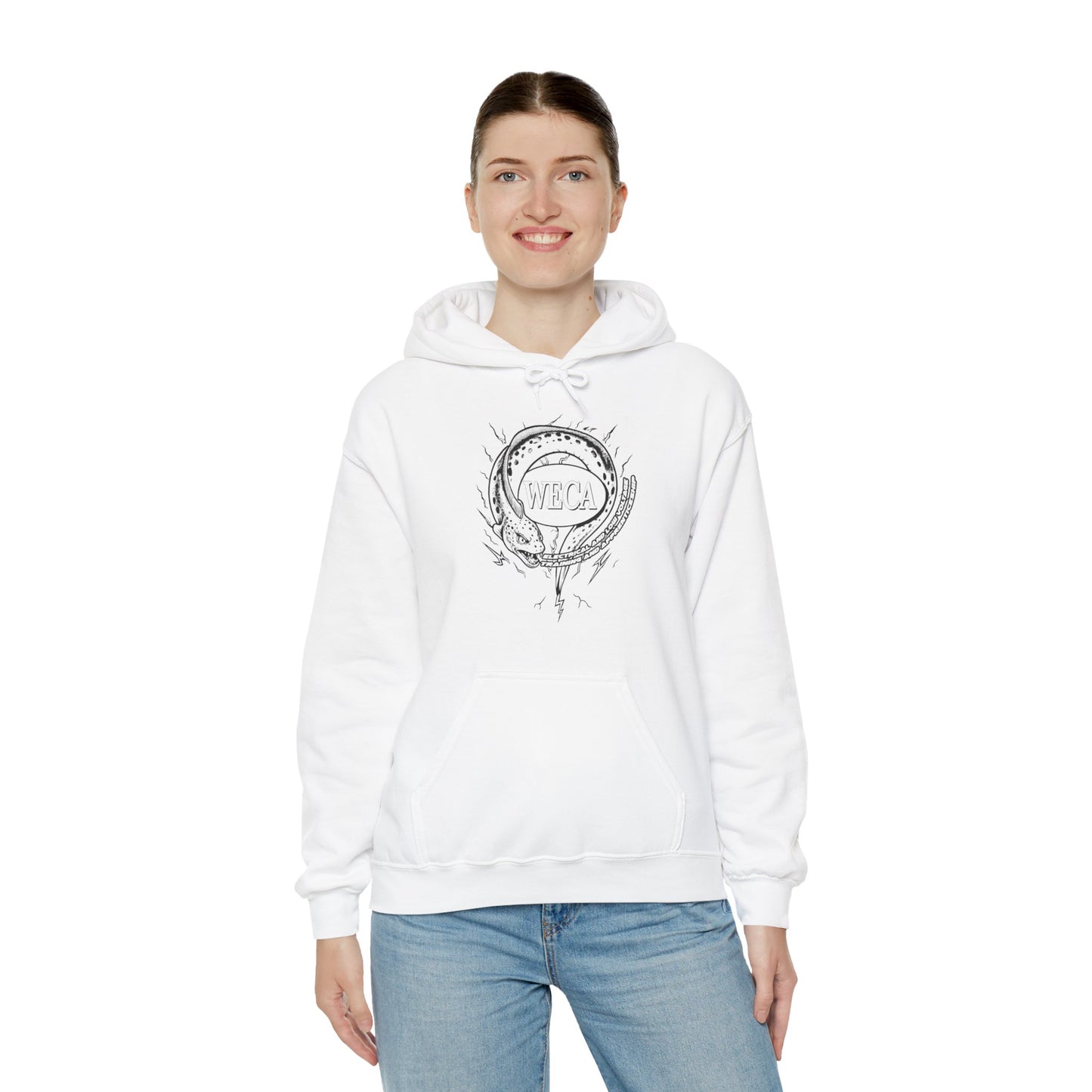 Unisex Heavy Blend™ Hooded Sweatshirt with WECA Electric Eel Mascot Black Line Logo Design